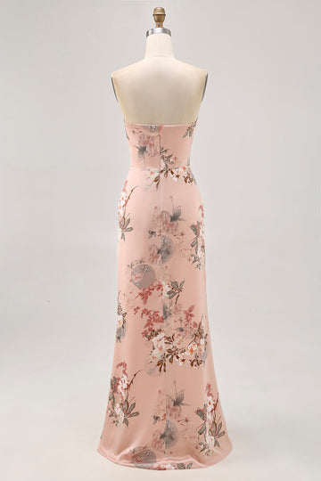 Blush Floral Strapless Sheath Long Bridesmaid Dress with Slit